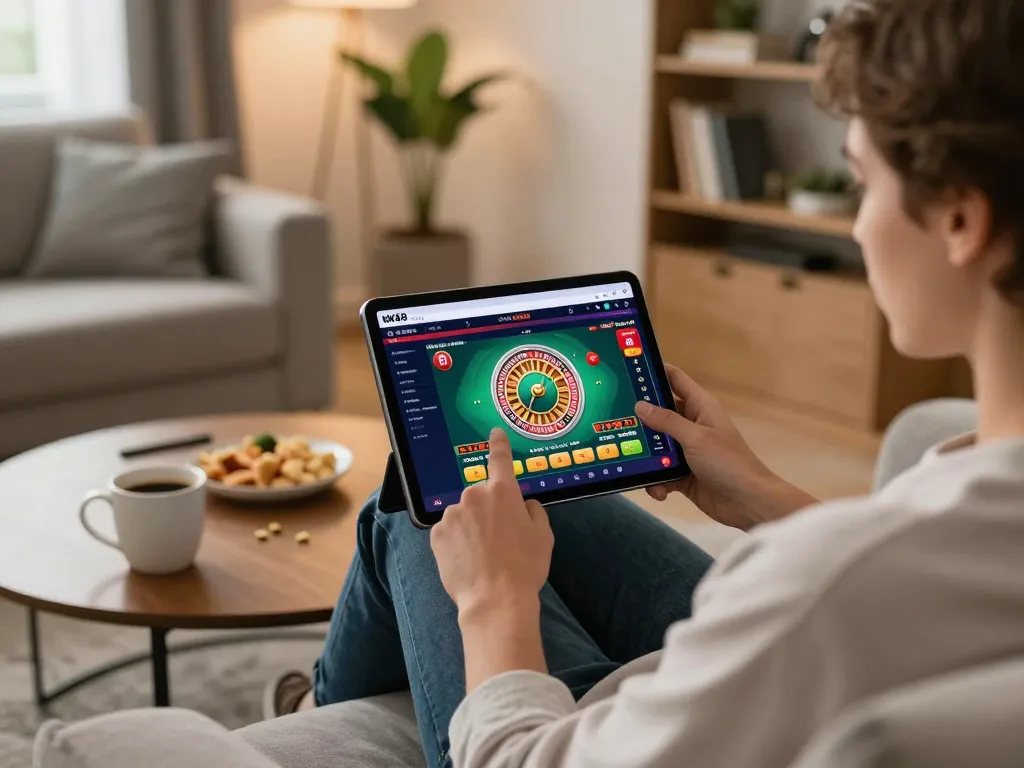 Engaging with the NK88 casino app during a cozy home gaming session, emphasizing mobile casino excitement.