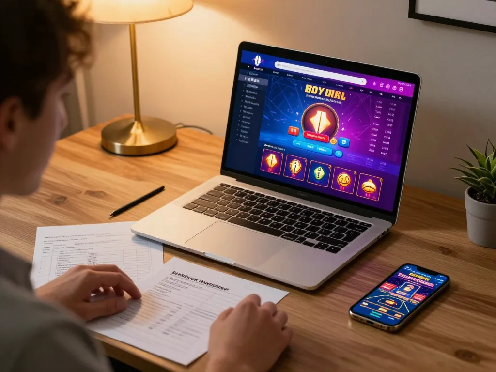 Engage with 23win dynamic online casino gameplay on a laptop in a cozy home office.