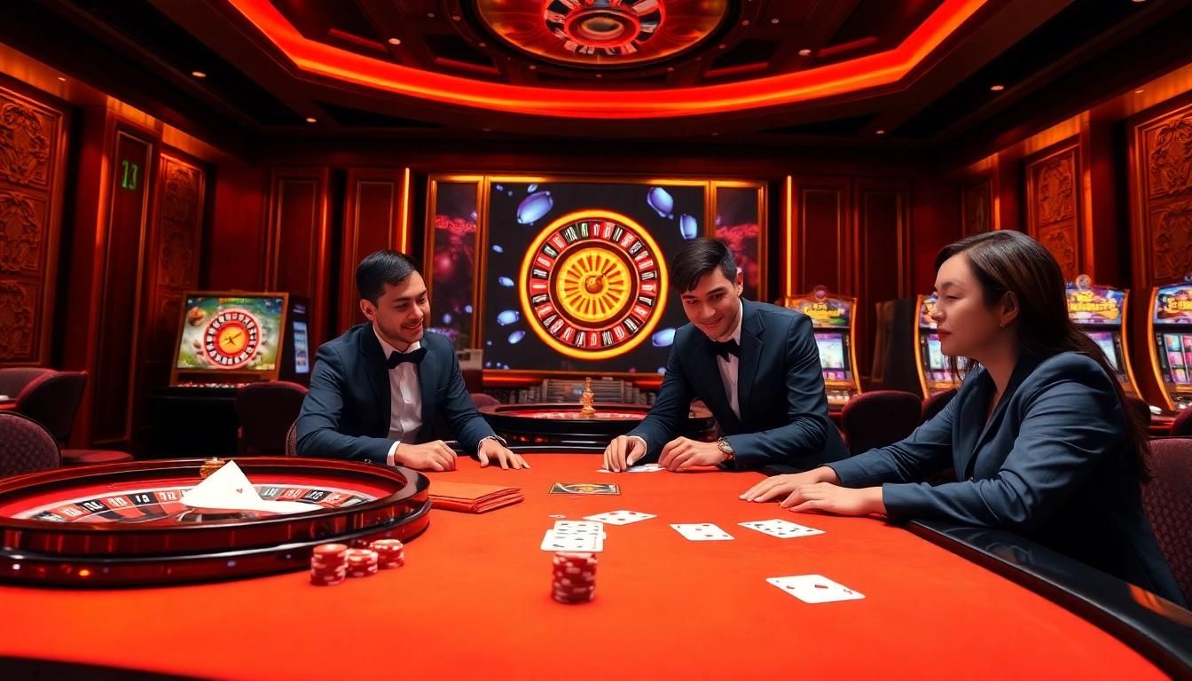 NOHU90 players enjoying a thrilling moment at a professional casino with vibrant games.