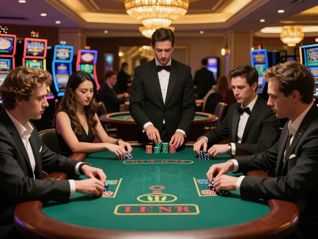 S666 players strategizing during an upscale blackjack game in a lavish casino.