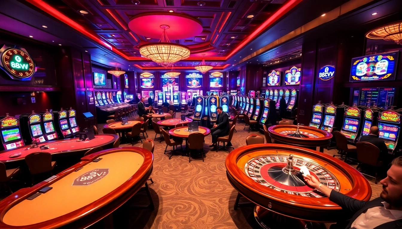 88vv players excitedly placing bets at luxurious casino tables.
