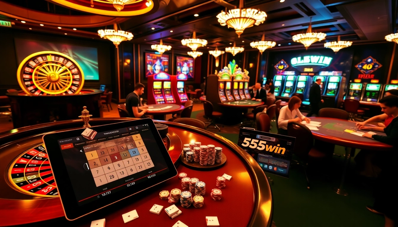 Exciting scene showcasing the luxurious gambling experience at 555win casino with roulette wheel, poker tables, and slot machines.