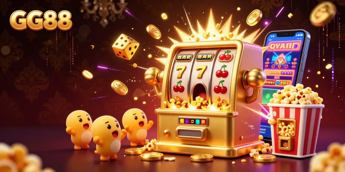GG88 slot machine hitting jackpot with coins pouring, surrounded by cheering mini machines and popcorn, vibrant casino theme.