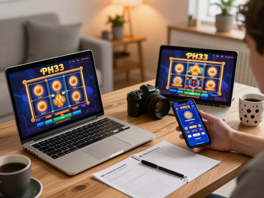 Engaging with PH33 online casino on a laptop and smartphone, showcasing modern home gambling setup.
