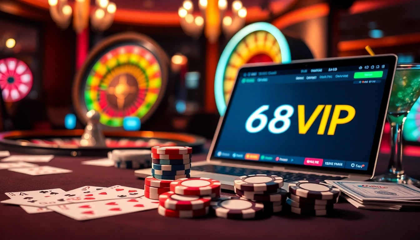 Engaging in Đăng Nhập Nhà Cái 68VIP with vibrant casino chips and cards
