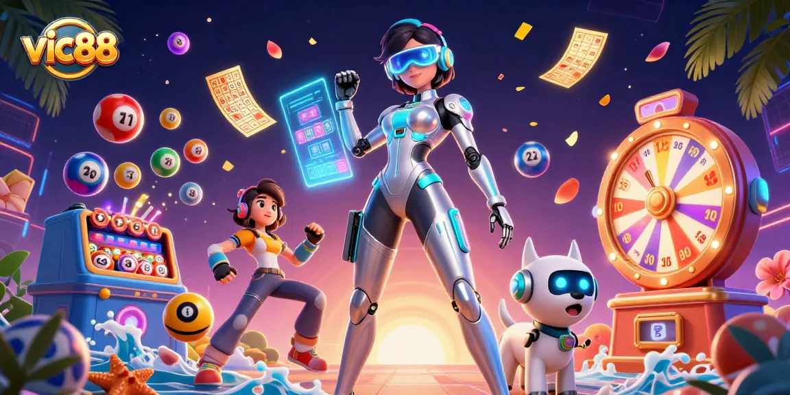 Win with vic88 as a stunning woman interacts with a robotic dog amidst vibrant casino graphics.