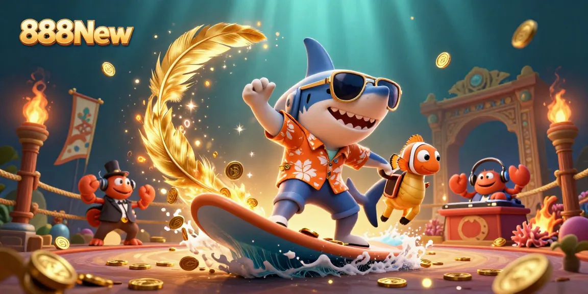 Experience the thrill of 888New with a 3D cartoon shark surfing gold coins in an underwater casino.
