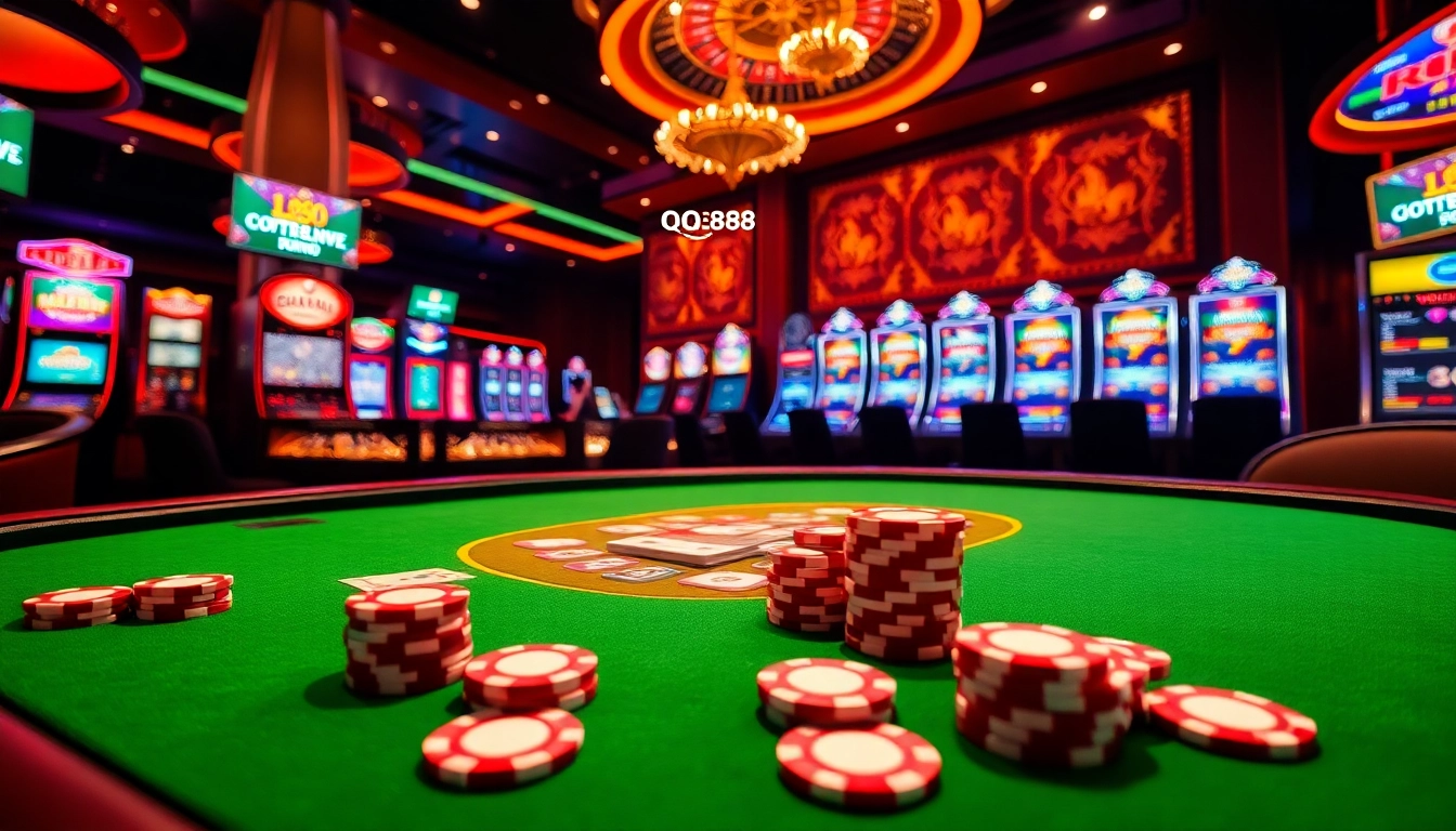 Gamble at a luxurious QQ88 casino table with polished chips and vibrant roulette wheel.