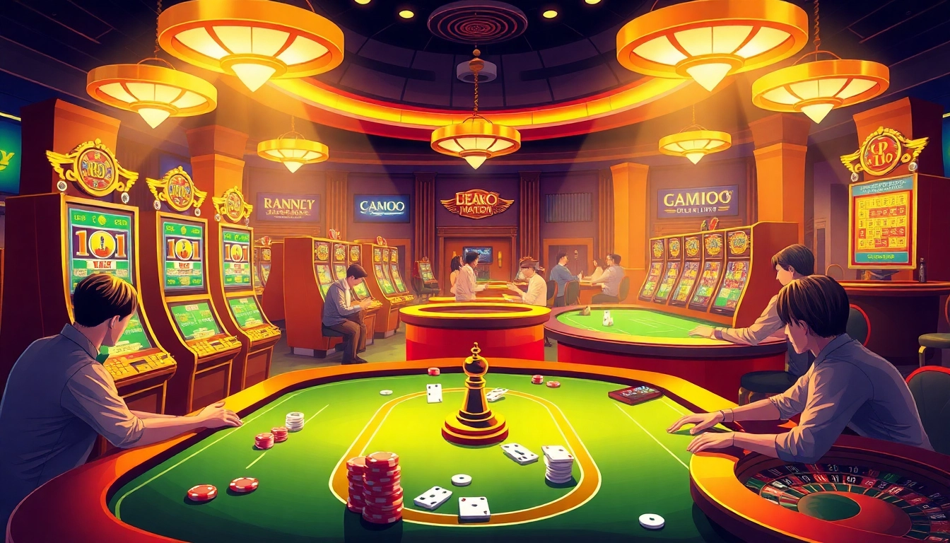 Experience thrilling MMOO gaming action at a vibrant online casino, showcasing slot machines, chips, and live dealers.