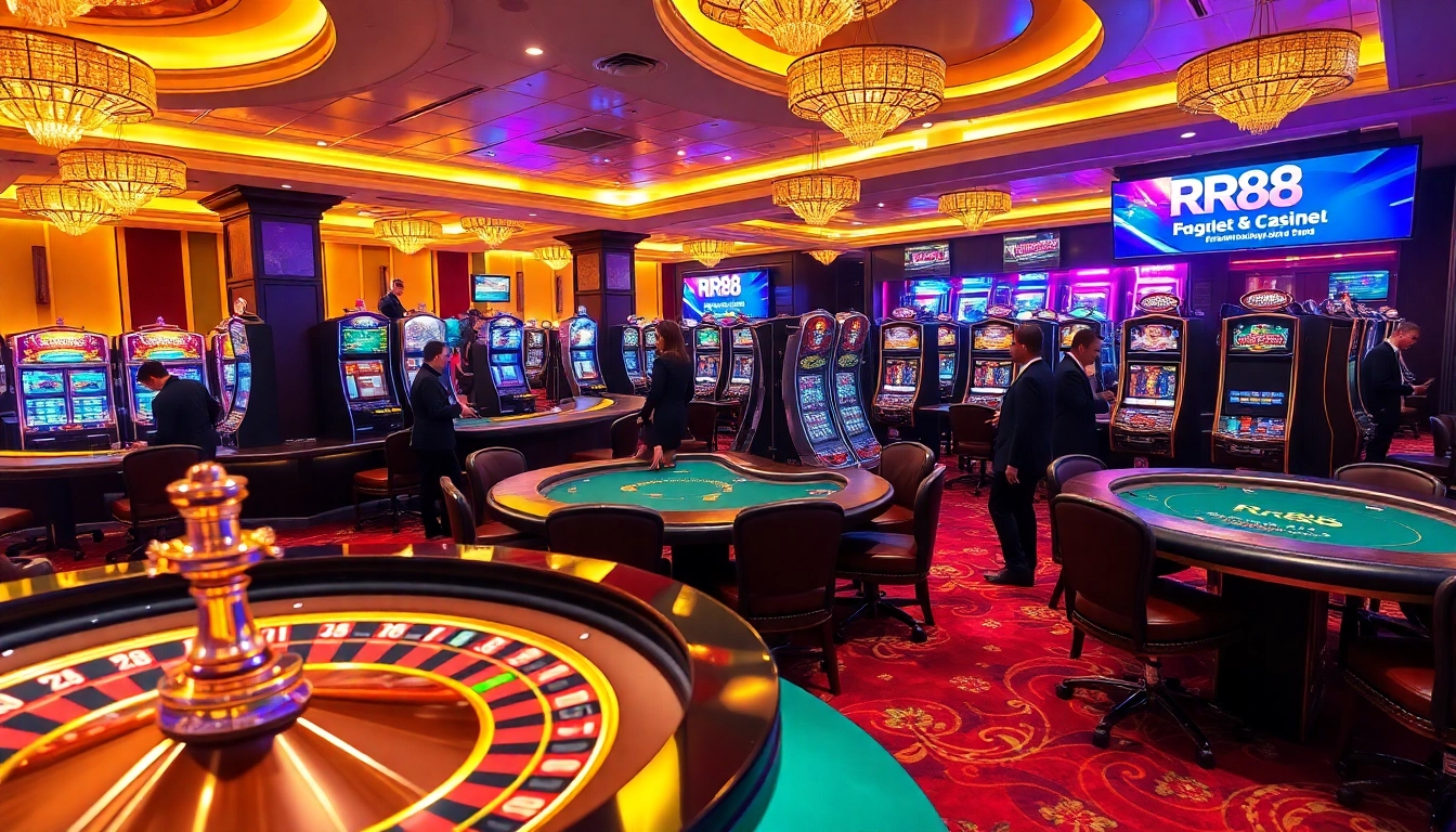 Experience the excitement of rr88 casino with players at tables and vibrant gaming elements.