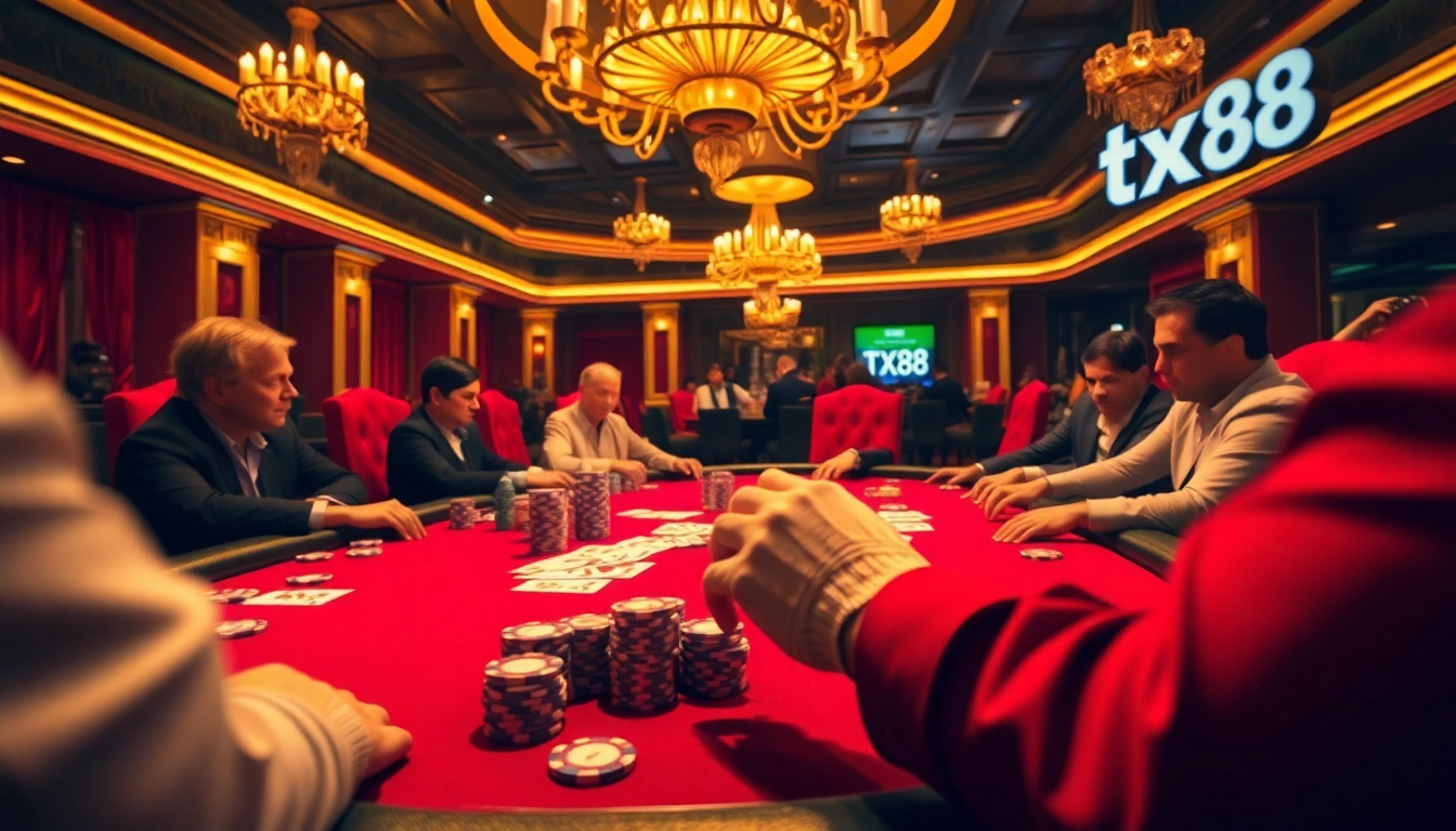 Poker players enjoying a high-stakes game at a luxurious casino table with tx88 branding.