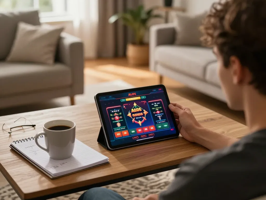 Player engaging with ALO8's online casino app in a cozy home setting, showcasing strategic gameplay.