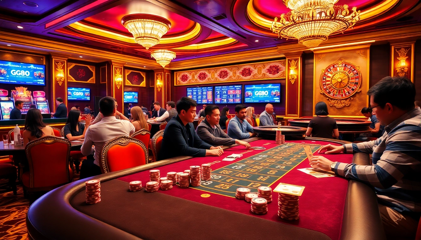 GG88 gamers placing bets at a luxurious casino table filled with poker chips and playing cards.