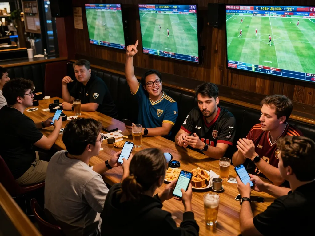 Engaged football fans placing bets at sports bar during live matches, capturing the excitement of ฟุตบอล betting.