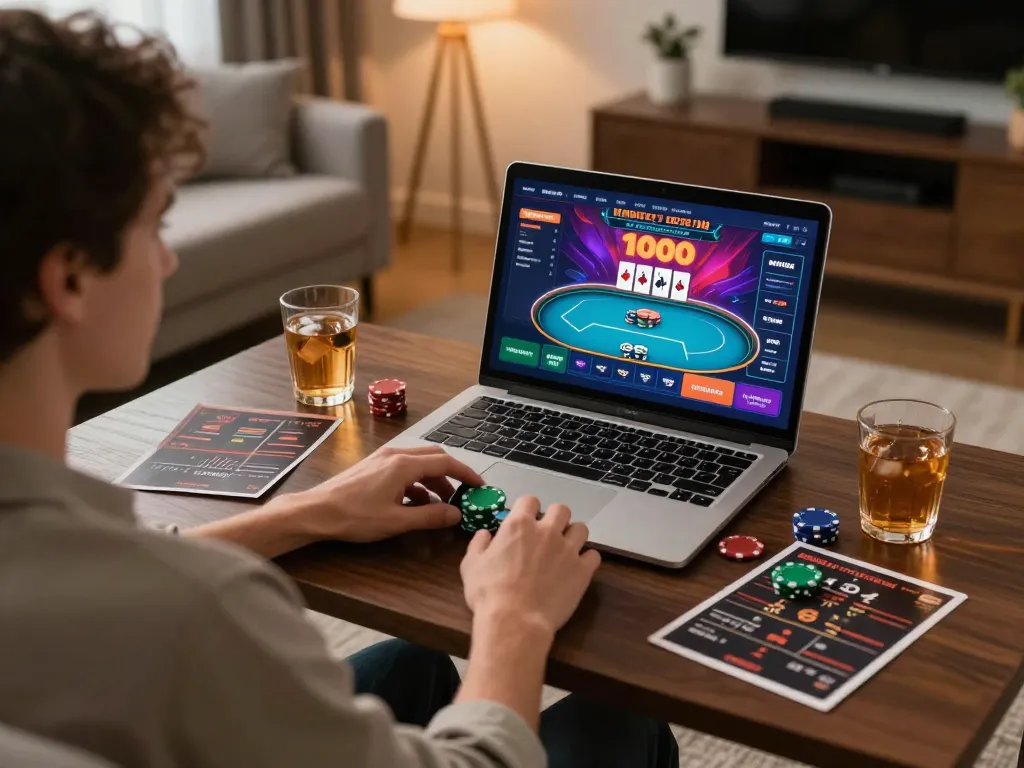 Experience online poker excitement with 789bethv in a cozy home setting, showcasing dynamic gameplay.