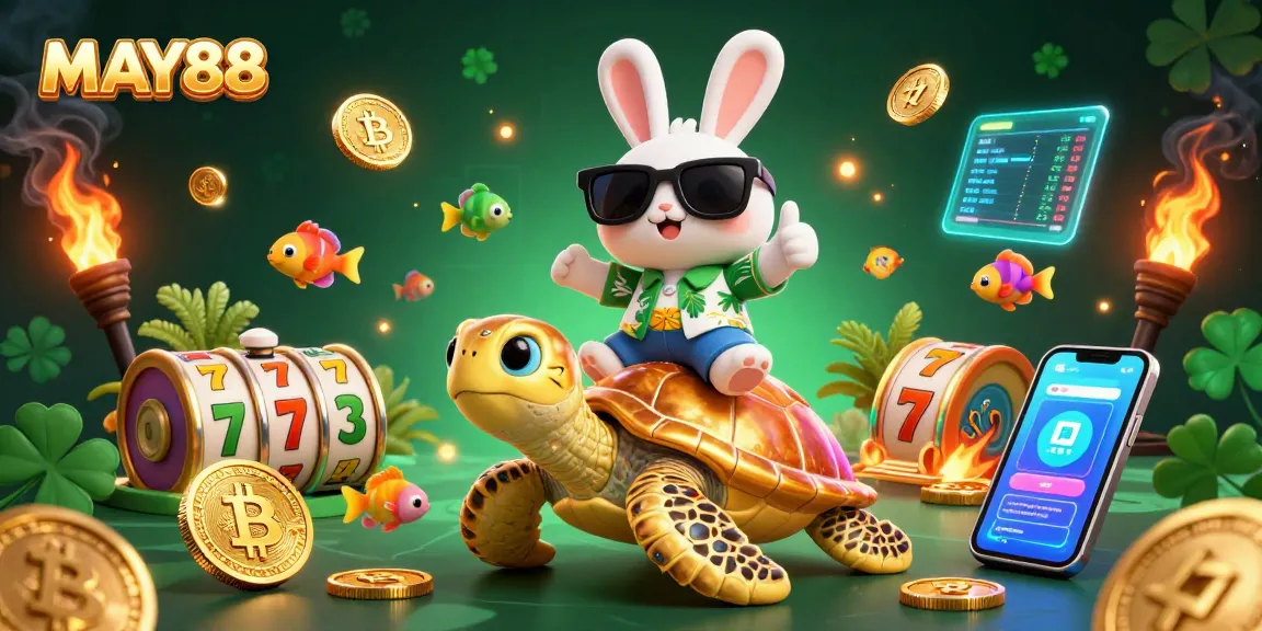 MAY88 brings thrilling jackpot experiences with a lucky rabbit and golden turtle illustration.