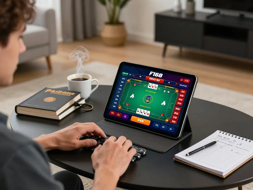 Players enjoying strategic online gambling with the F168 casino app on a stylish tablet at home
