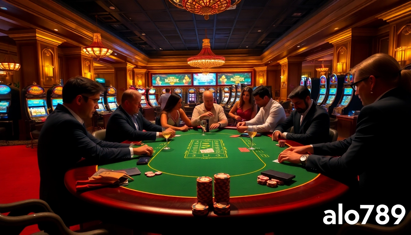 A high-stakes poker scene at alo789, featuring players, chips, and vibrant casino ambiance.