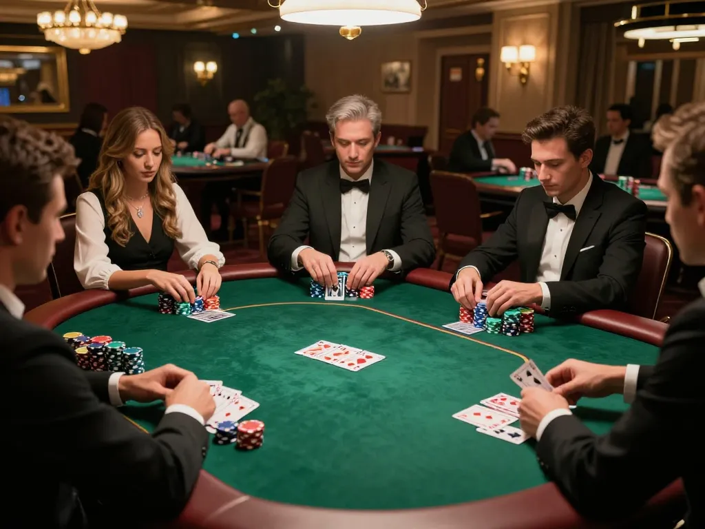 F168 players engaged in an intense poker competition, showcasing luxurious casino ambience and strategic moves.