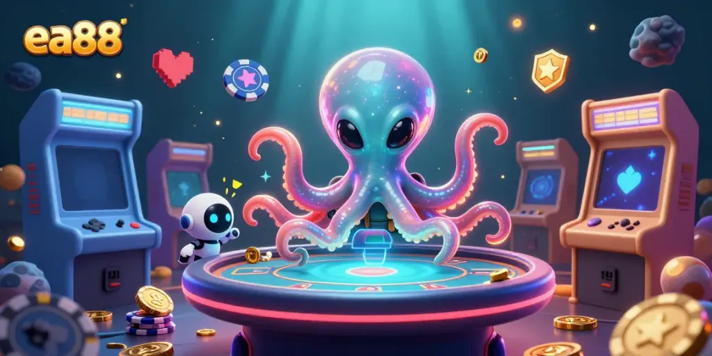 Engage with the vibrant casino-themed world of ea88 featuring an alien octopus at a holographic poker table.