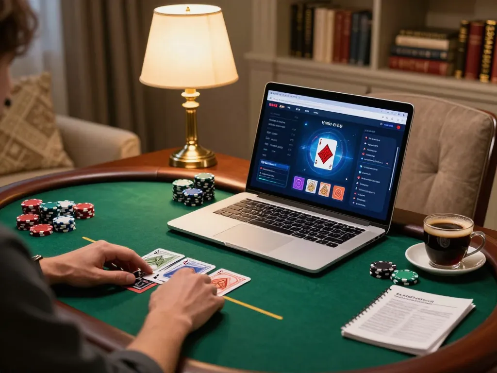 GK88 player strategizing poker with laptop in a cozy home gaming setting