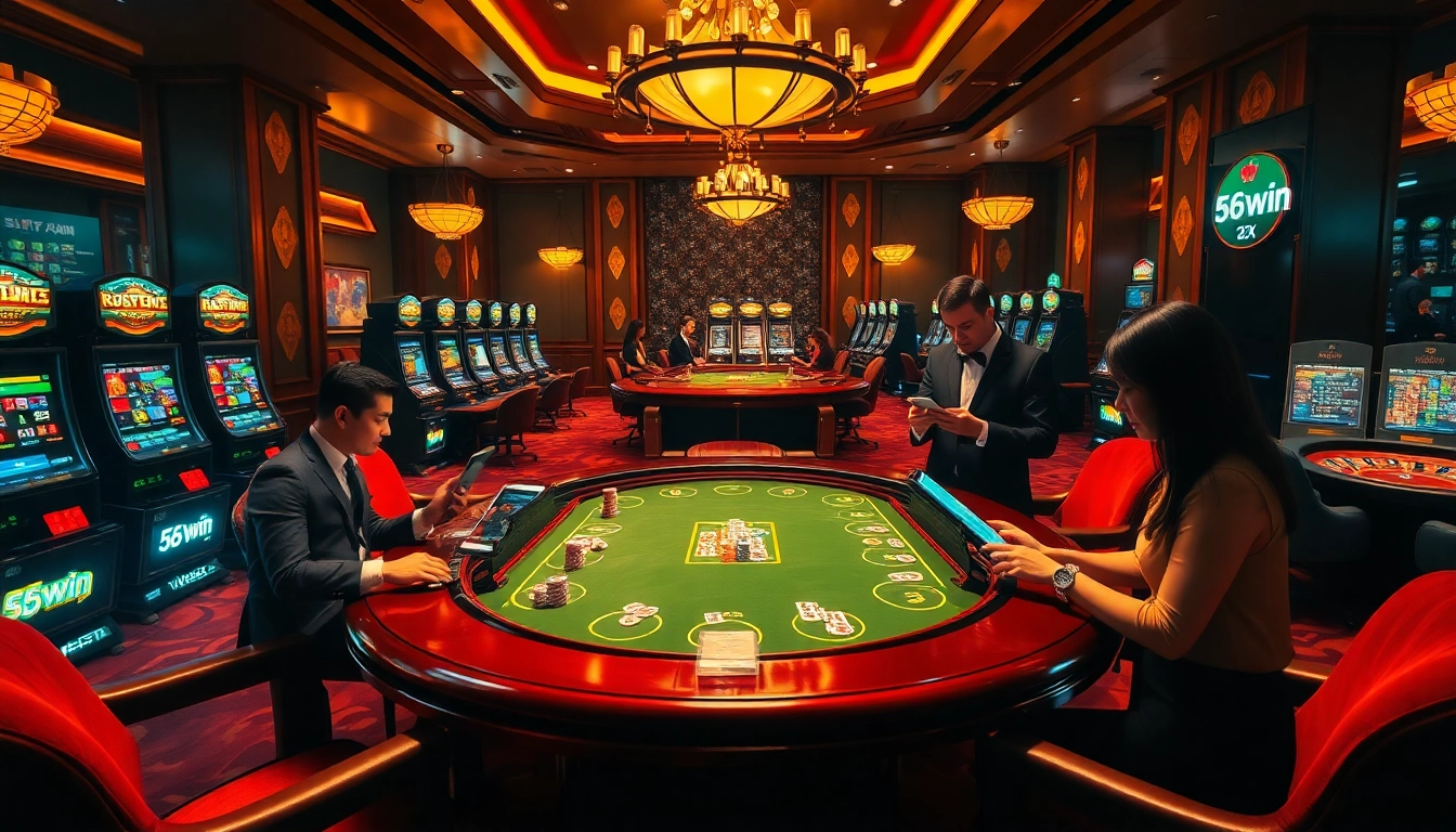 Exciting online gambling scene at 56win casino showcasing players enjoying poker and slot games.