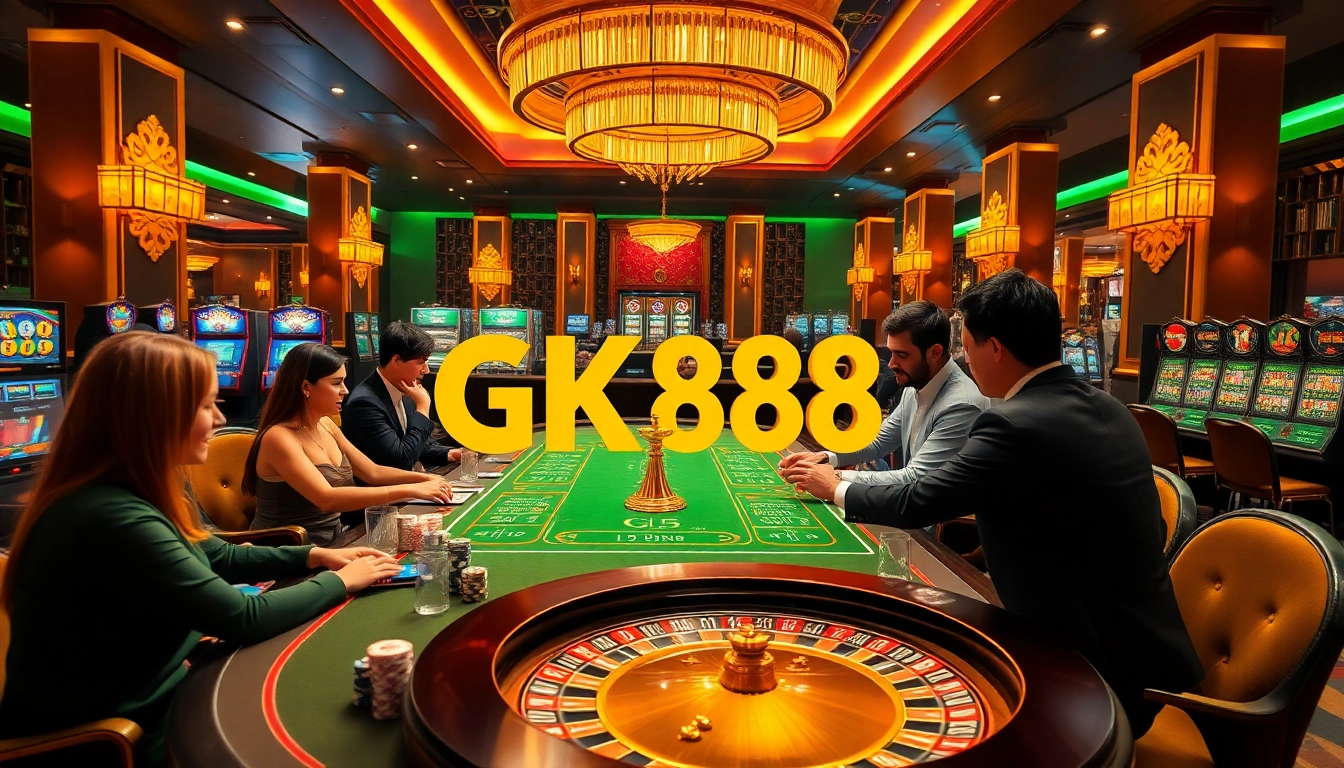 GK88 casino ambiance showcasing lively gameplay with poker chips and roulette.