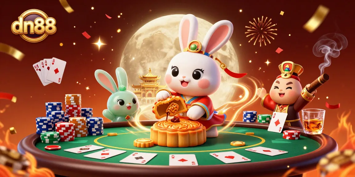 Experience the festive gameplay of dn88 with vibrant casino elements and a playful moon rabbit.