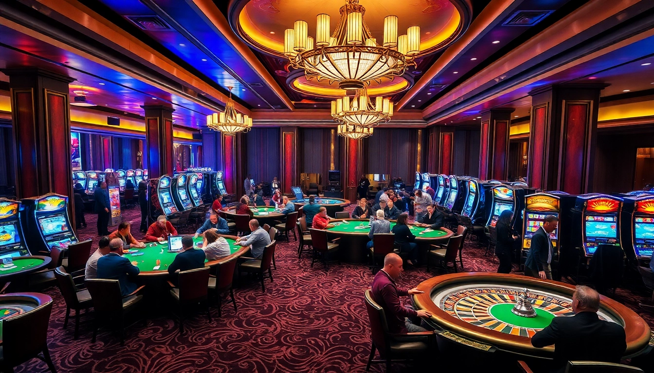 Lively casino scene showcasing poker games, roulette, and slot machines with energetic participants watching https://luongsontv23.com/.