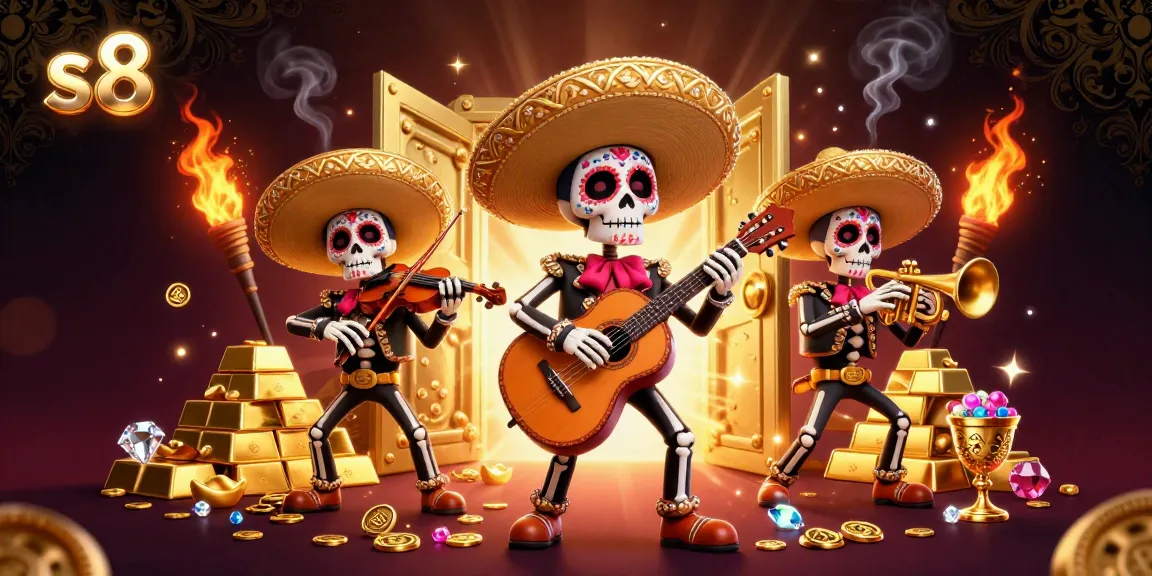 S8 players celebrate winning with a vibrant mariachi band amid a golden treasure scene.