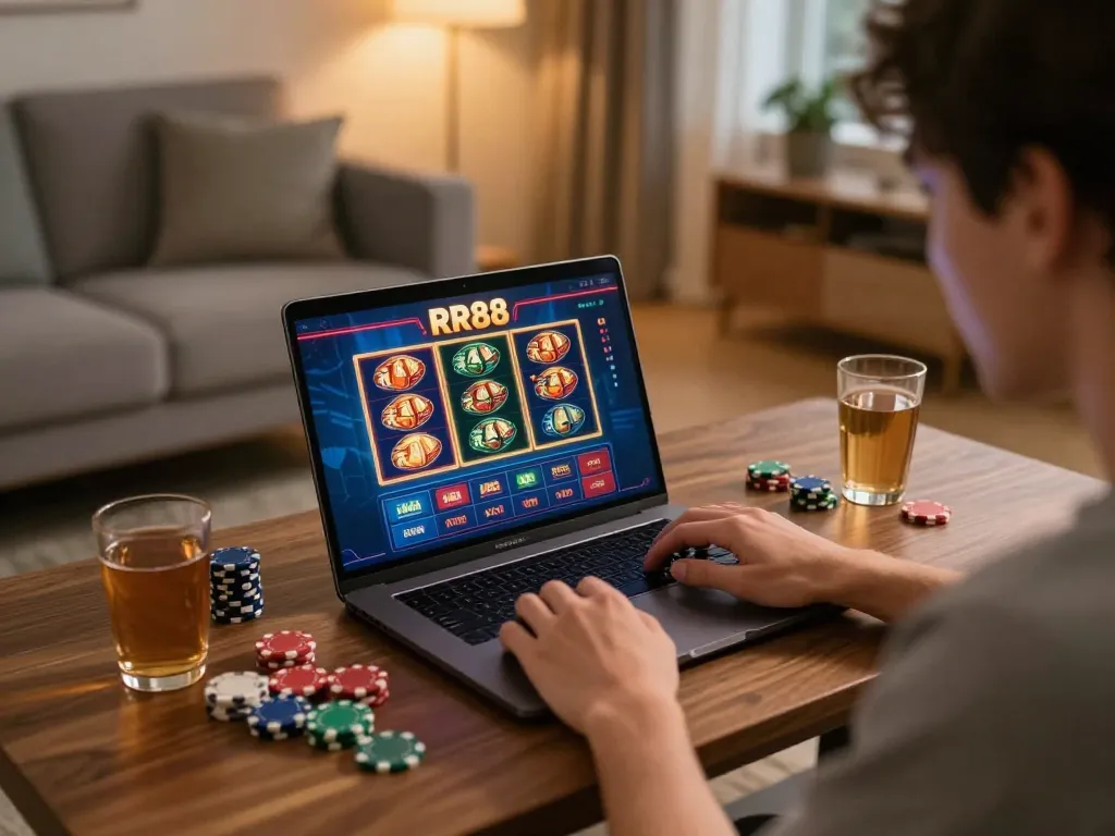 RR88 player enjoying an online gaming session with vibrant slots and poker visuals
