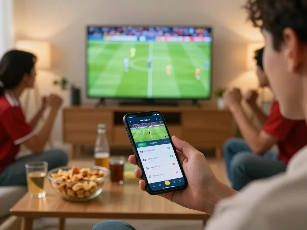 Placing kèo bóng đá bets on a mobile app while enjoying a live football match with friends.