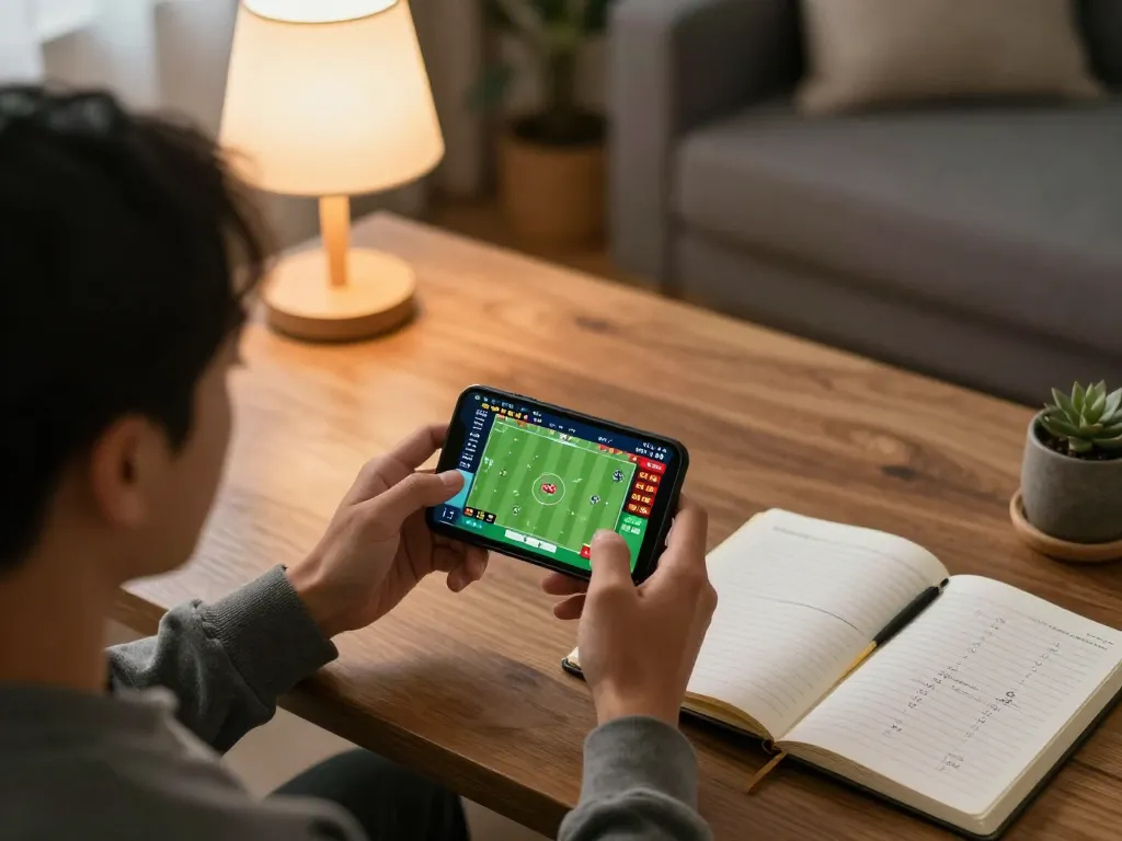 F168 user placing bets on a smartphone in a cozy home setting, showcasing an engaging sports betting experience.