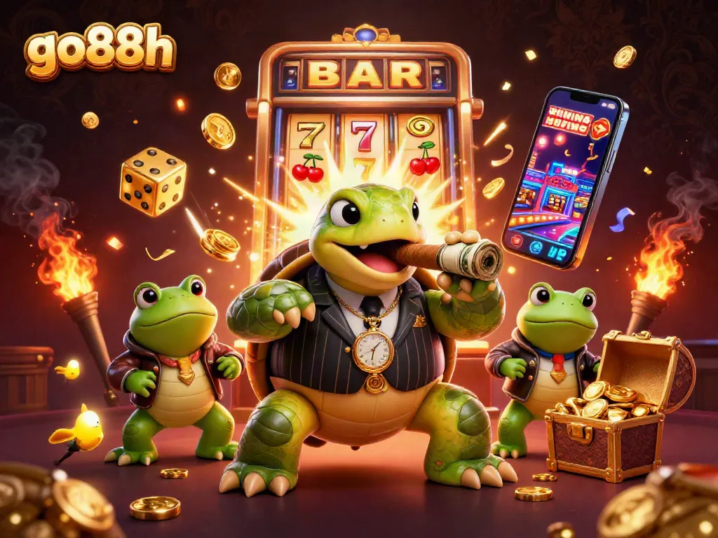 Engage with go88h's vibrant scene featuring a turtle in a suit amid flying slot symbols and casino elements.