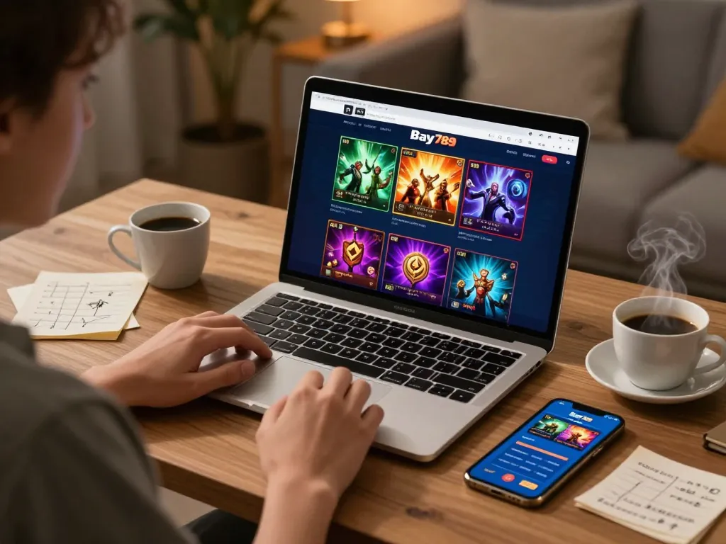 Engaged player strategizing on Bay789 online casino, showcasing dynamic home gaming setup.