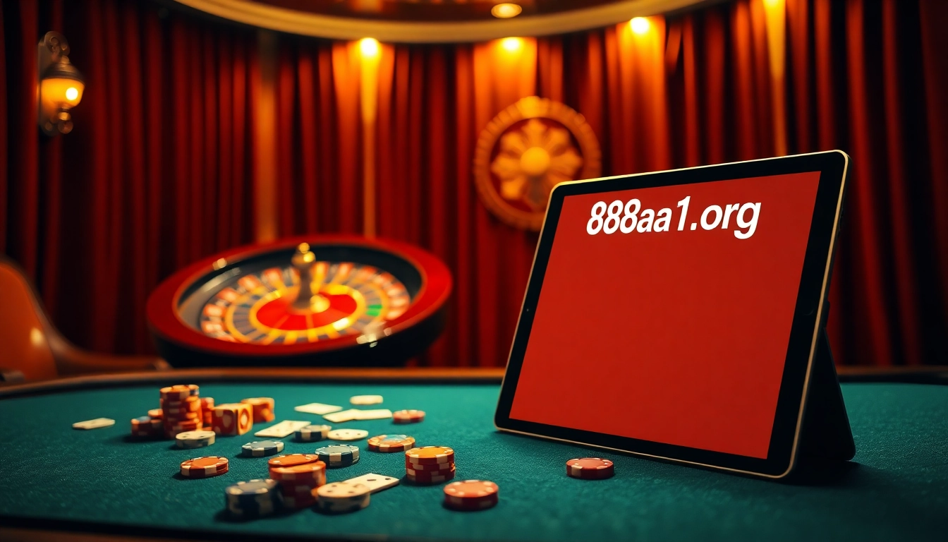 Experience the excitement of casino gaming with a rich table setup at https://88aa1.org/, showcasing poker chips and a roulette wheel.