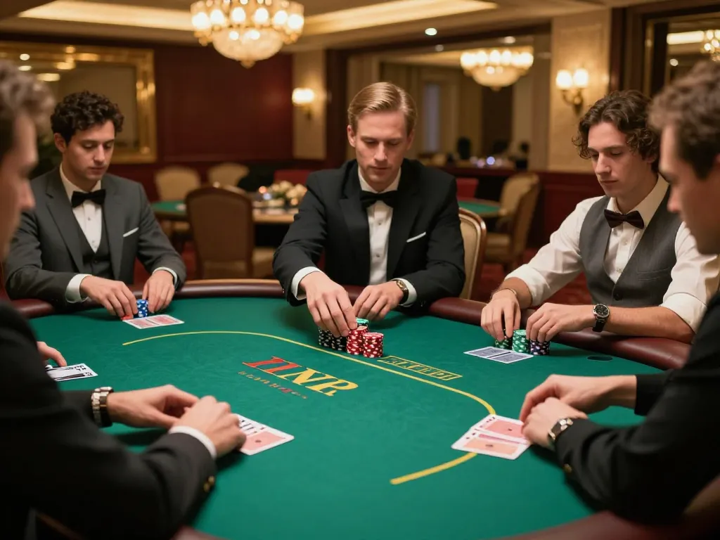 FLY88 engaging poker players analyzing cards and placing strategic bets in a luxurious casino setting.