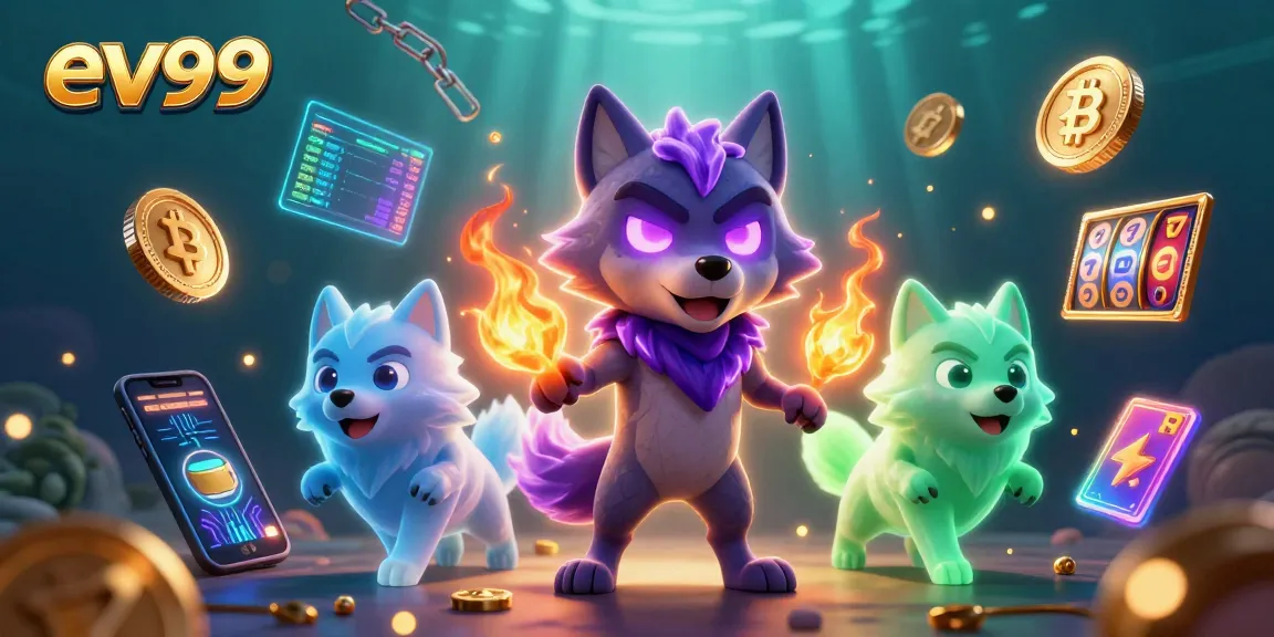 Engage in thrilling gaming adventures with ev99's vibrant slot gaming illustrated by dynamic wolves.