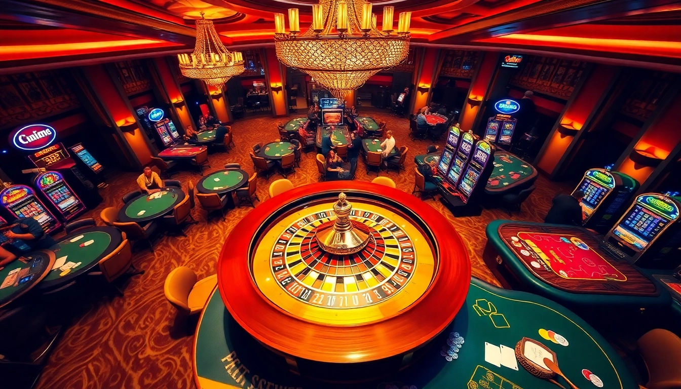 Experience the excitement of u888 with players engaging at roulette and poker tables in a luxurious casino setting.