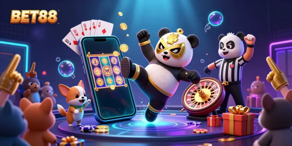 Engage with BET88 as a panda wrestler performs amidst vibrant casino elements in a lively scene.