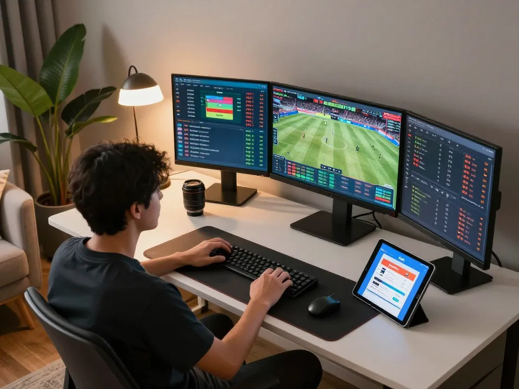 Person engaging in online betting through the hb88 app while analyzing sports odds on multiple screens.