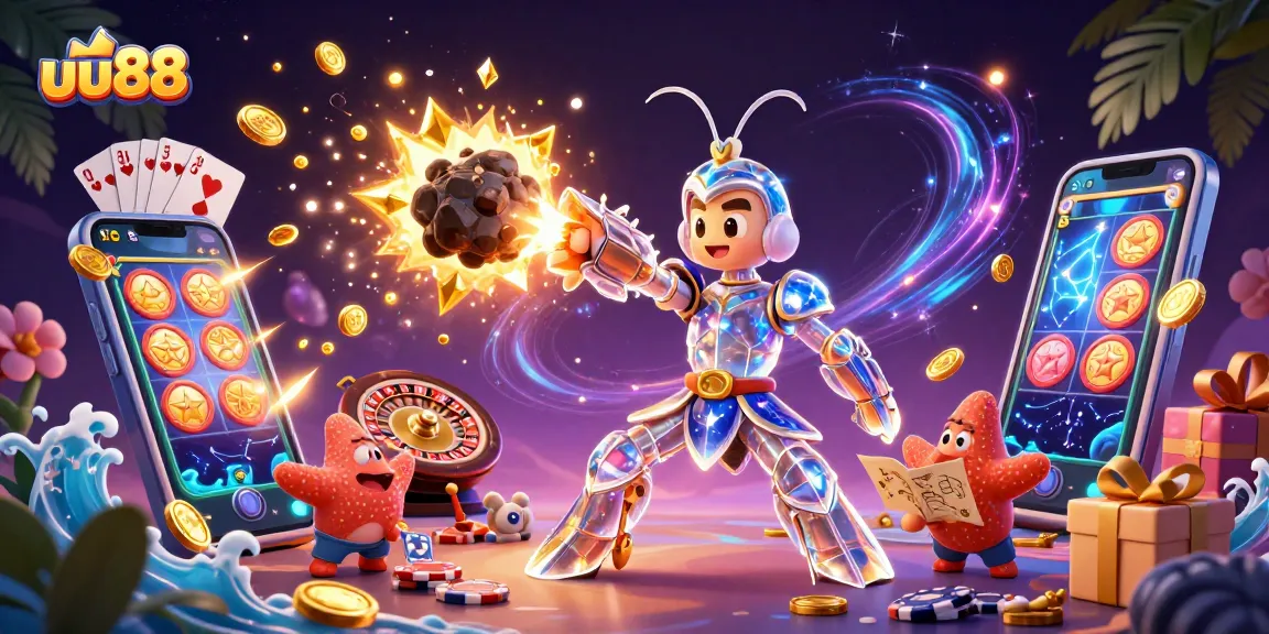 uu88 showcases thrilling slot games as a galactic samurai mantis shrimp battles asteroids, exploding into gems.