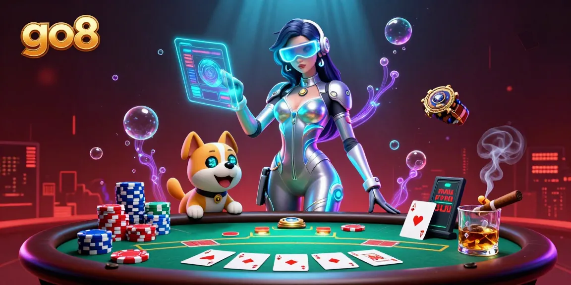 Engage with go8's vibrant casino scene featuring a dynamic woman and a robot dog amidst poker elements.
