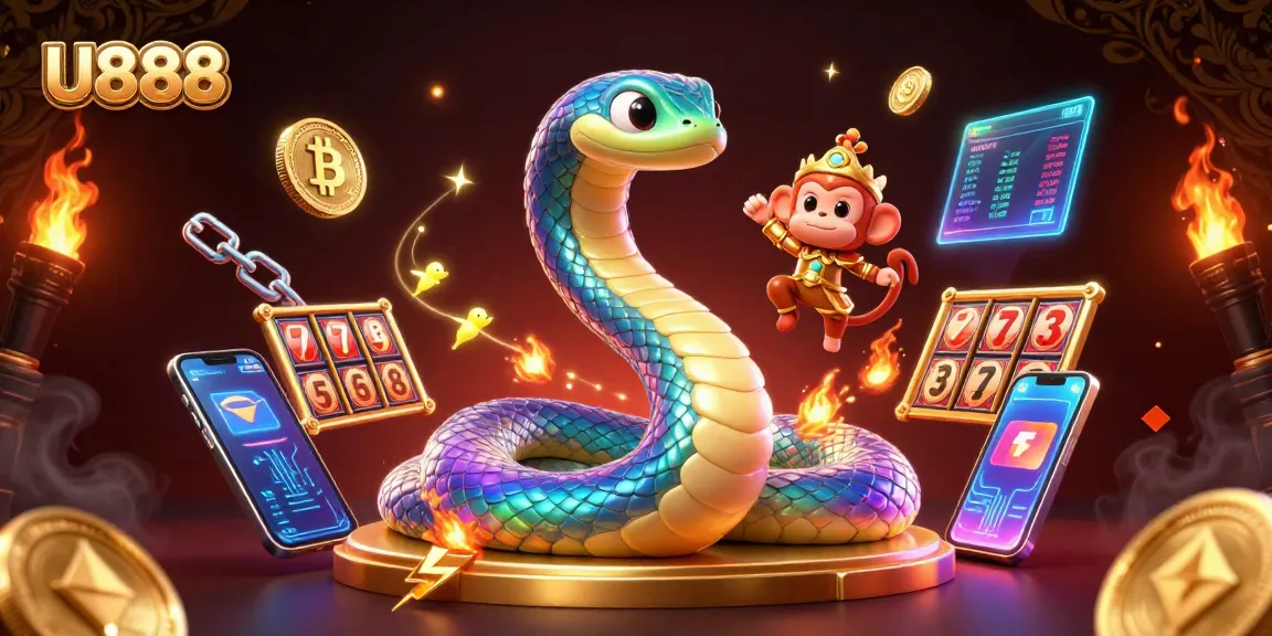 Engaging U888 casino scene with a vibrant rainbow serpent and playful monkey king surrounded by slot elements.