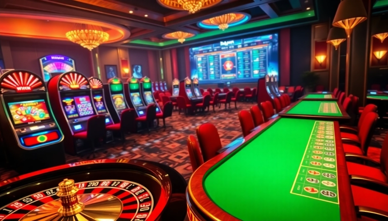 Iwin online casino with vibrant slot machines and roulette wheel, showcasing excitement.
