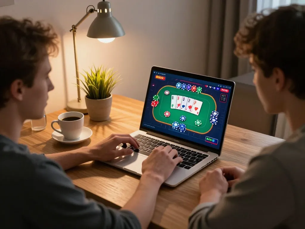 Engaged user exploring luck8 online casino poker on a laptop with vibrant gaming display.