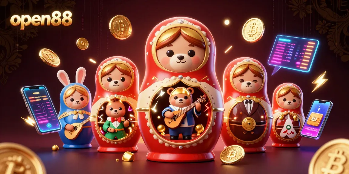 Experience the pulse of open88 gaming with the lively Matryoshka bear amidst vibrant casino elements.