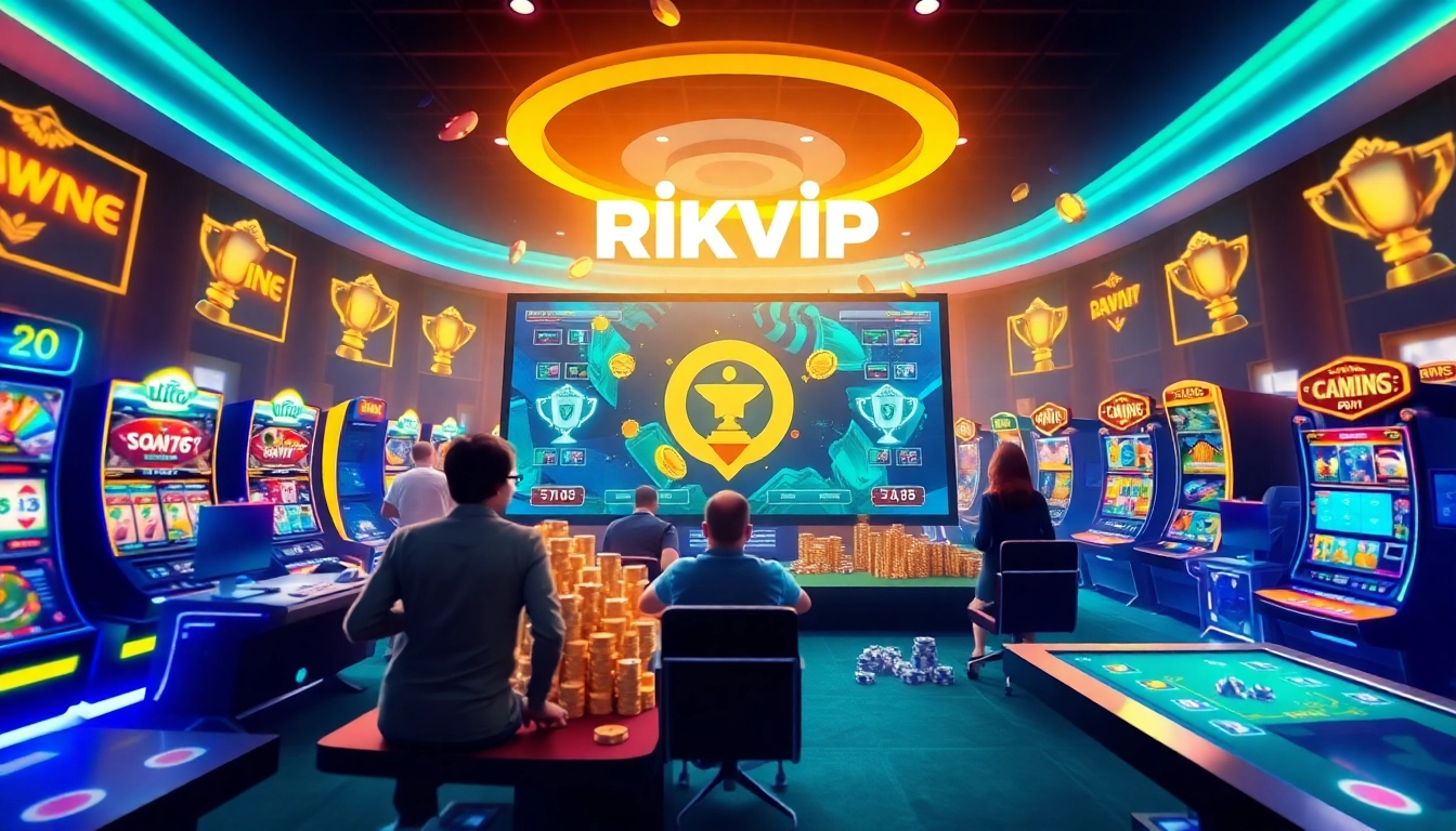 Rikvip gaming platform displaying diverse games, rewards, and a vibrant atmosphere.