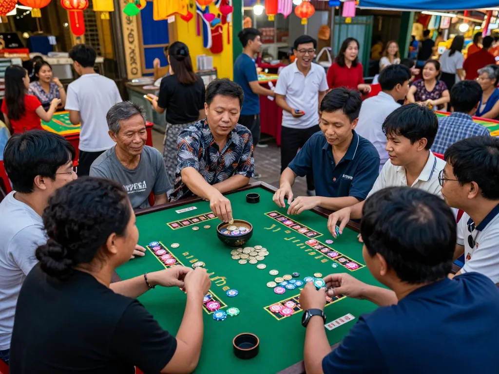 Xóc đĩa game in progress with players betting, showcasing the excitement and cultural tradition of gambling in Vietnam.