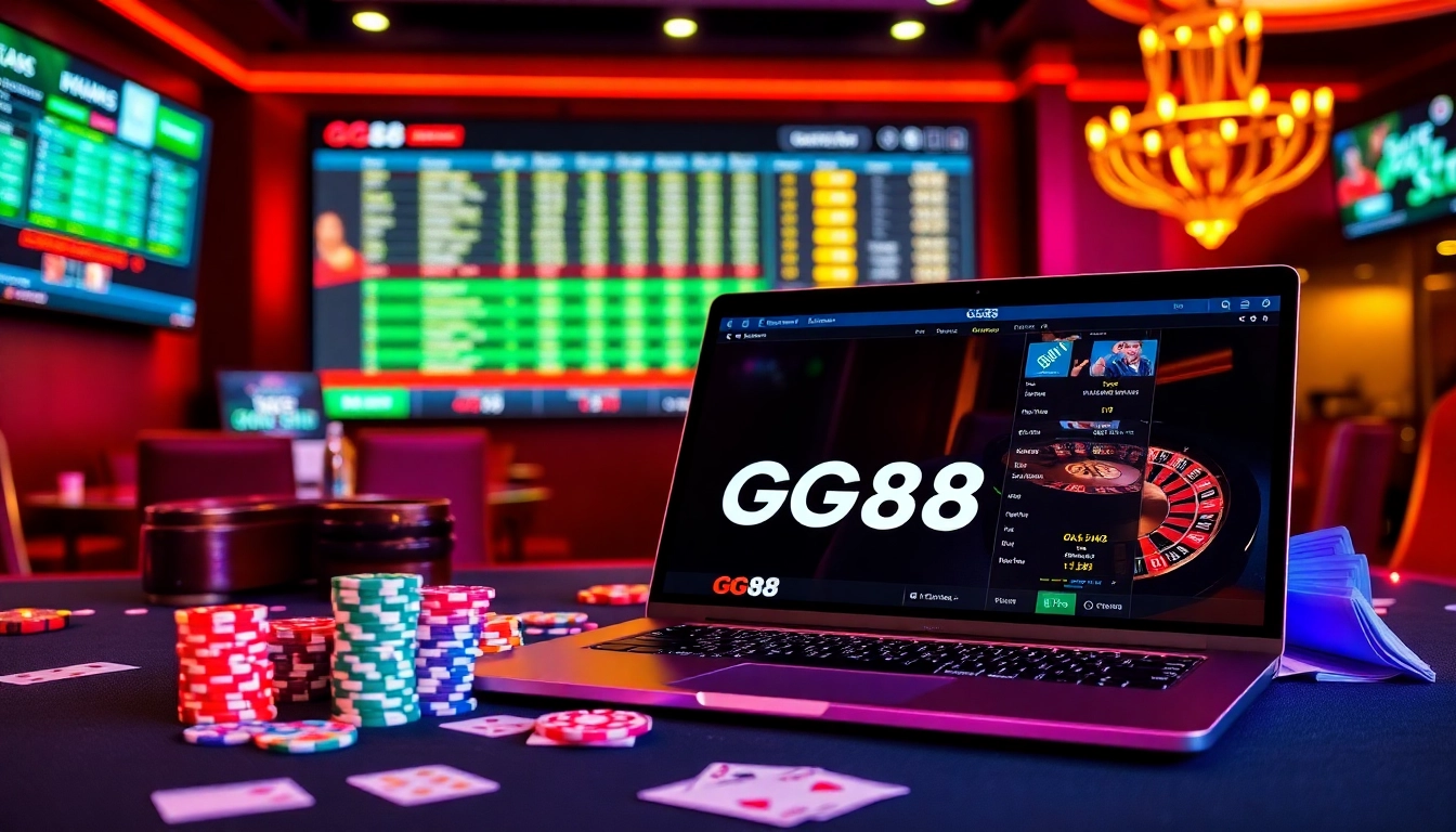 Experience thrilling gaming at GG88 with vibrant casino visuals, poker chips, and roulette.